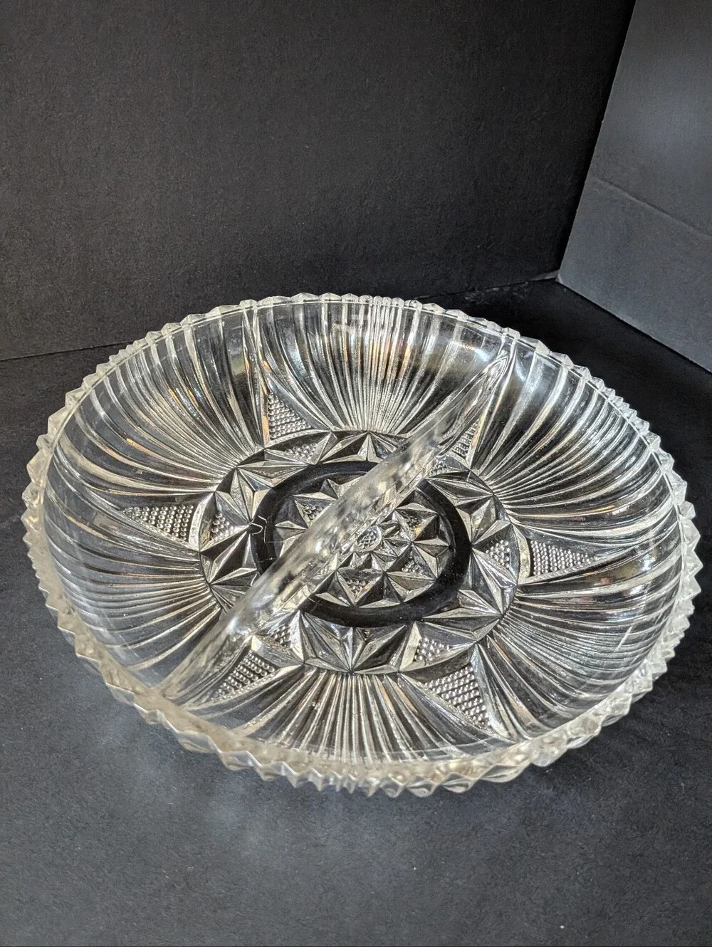 VTG MCM Indiana Glass Sunburst Fairfield Divided Serving Dish Clear 7
